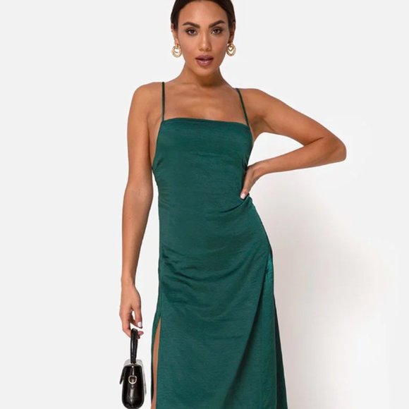 BONITA MAXI DRESS IN SATIN FOREST GREEN - Picture 1 of 7